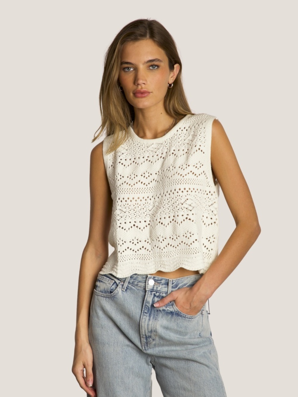 Dylan Sleeveless Cream Crochet Sweater Tank Top, size S